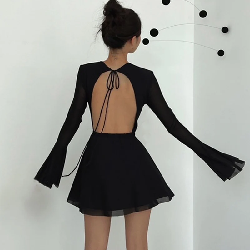 Candyhot-Vestido corto de manga larga con espalda descubierta para mujer, minivestido Sexy Y2K de malla transparente, faldas ajustadas a la cadera para fiesta de graduación, Otoño, 2024