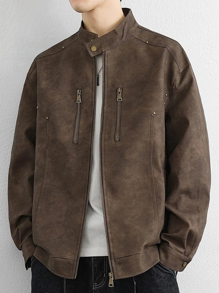 

Men's Leather Jaet Motorcycle Sle Trendy Spring New PU Leather Coat Loose Fit Youthful Energy Long Sve Zipper