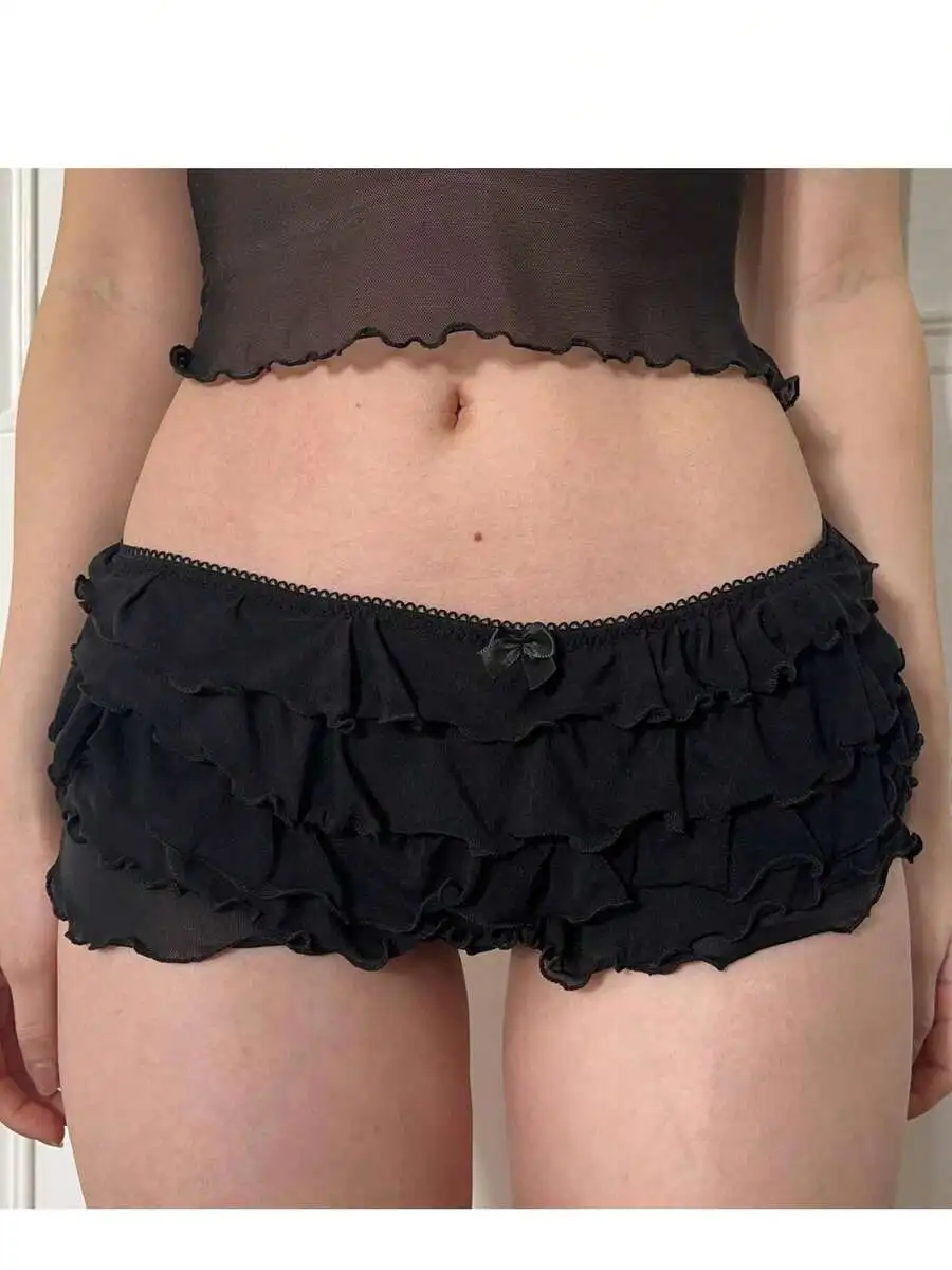 Women Y2k Lace Ruffle Bloomers Multi Layered Low Rise Short Pant