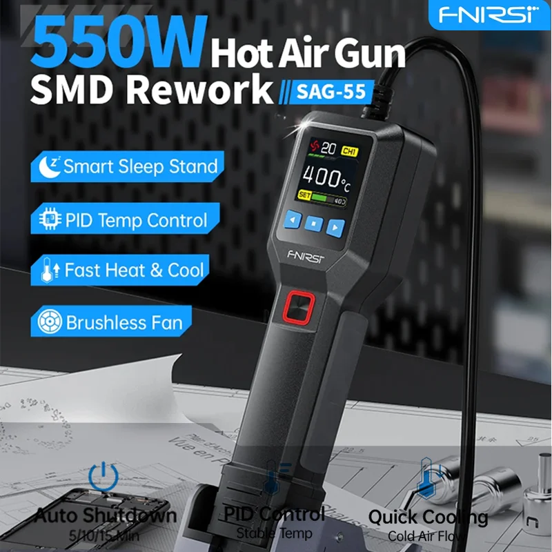 FNIRSI SAG-55 Micro Hot Air Gun 550W With Stand BGA Rework LCD Digital Hair Dryer Soldering Heat Gun For Welding Repair Tools