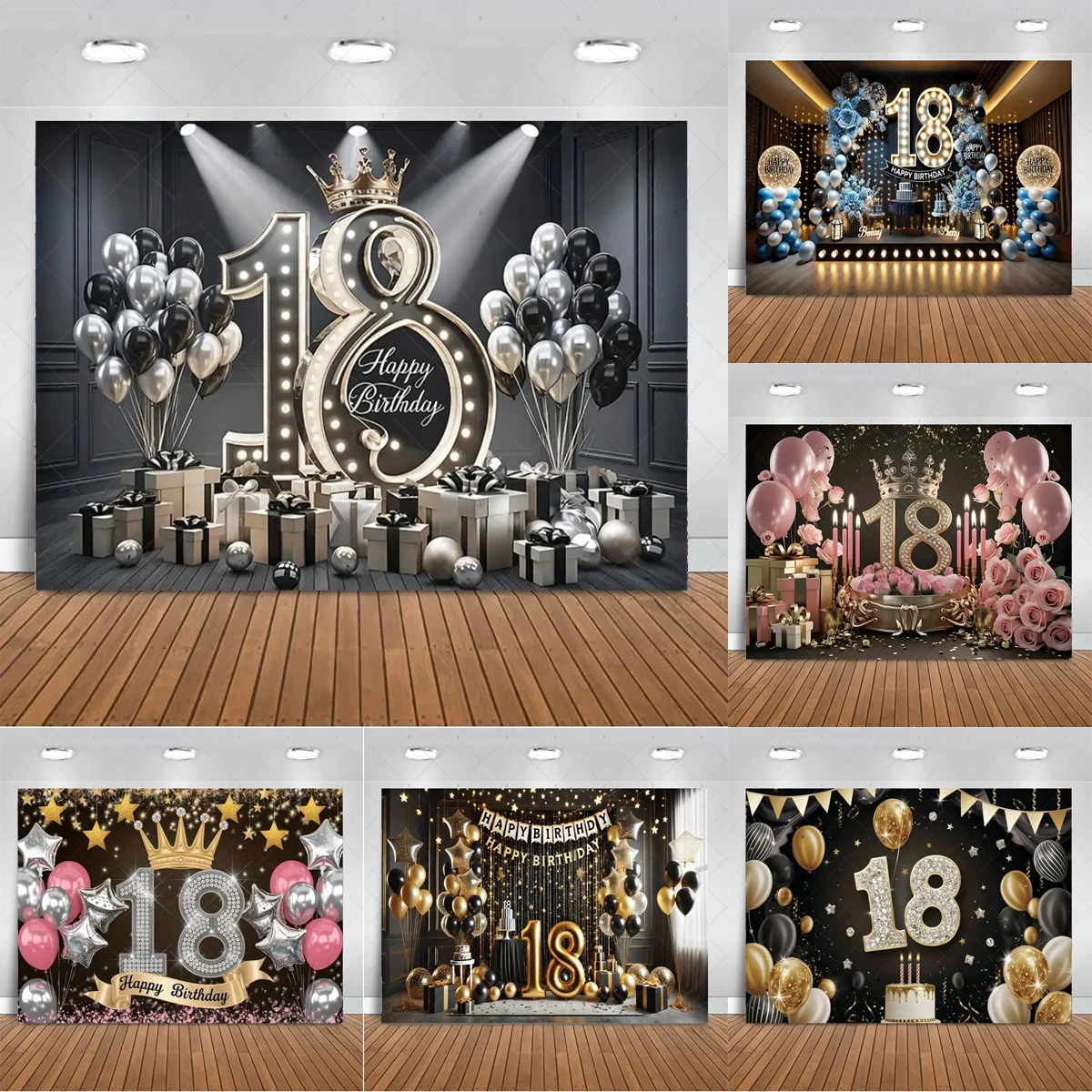 

18th Birthday Partys Decoration Backgound Black Gold Glitter Balloon Banner Women Men Boys Girls Bar Mitzvah Photography Props