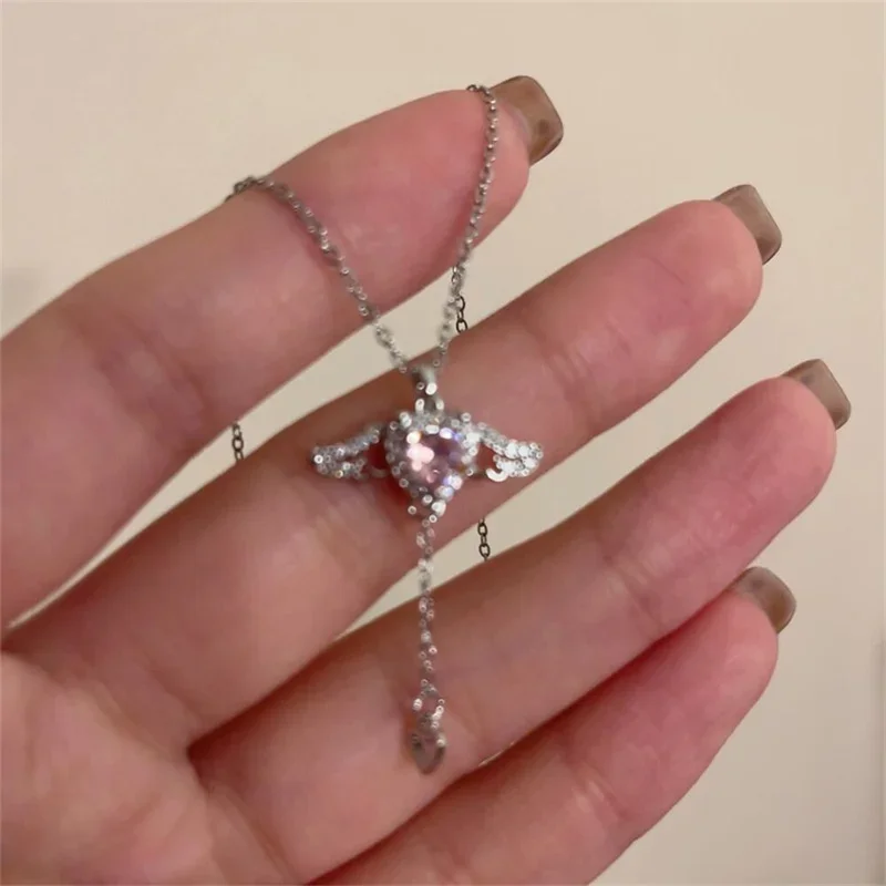 Angel Wings Heart Necklaces For Women Crystal Simple Pink White Color Zircon Love Elegant Necklace Jewelry 2024 Xmas Gift