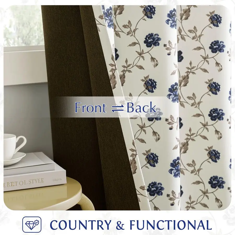 ستائر تعتيم 100 زهرية بطول 84 بوصة 2 لوح لغرفة النوم وغرفة المعيشة أزرق بني على بيج عتيق زهرة الورد منقوشة R