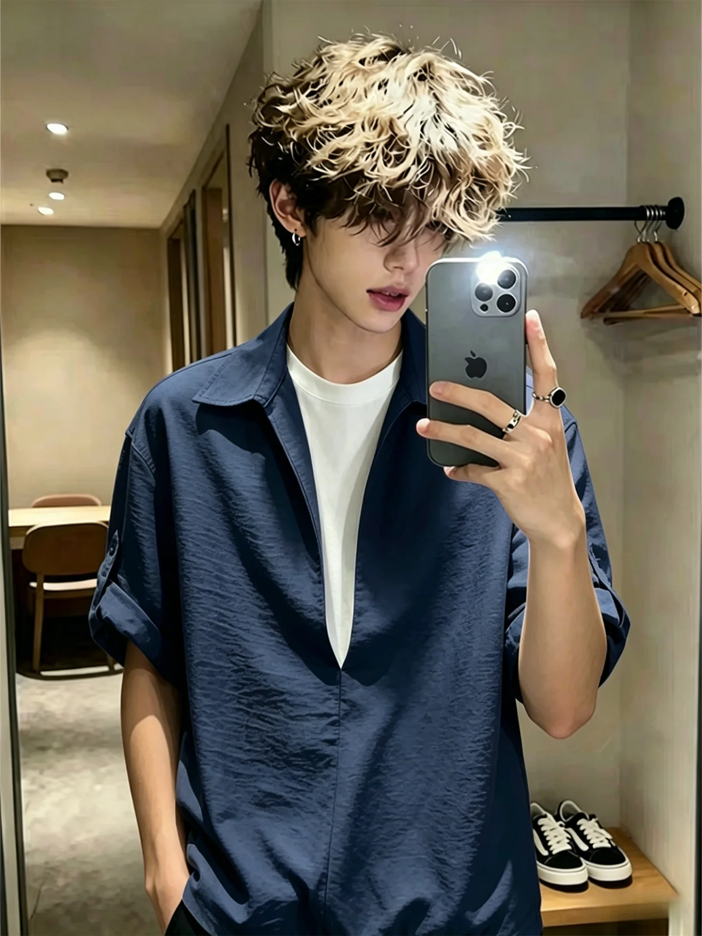 Men's Cleanfit V-Neck Short Sleeve Ice Silk Shirt Summer Breathable Loose Fit Fake Two-Piece Design Sleeveless Polyester Fiber