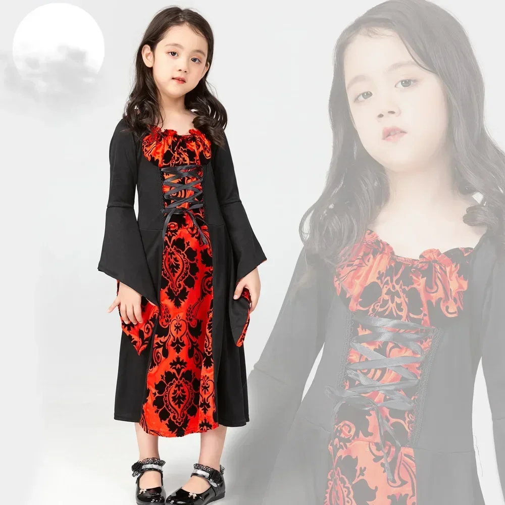 

Halloween Child Long-sleeved Medieval Retro Court Style Vampire Witch Cosplay Costume