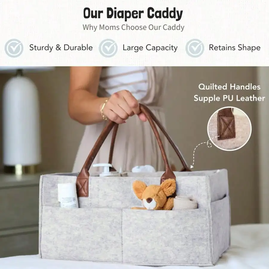 Portable Felt Mommy Diaper Bag Leather Handle Baby Nappy Handbag Travel Baby Sundries Organizer Multi Pocket Baby Supplies Stora