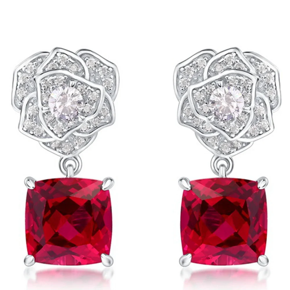 Wong Rain 925 Sterling Silver Lab Sapphire Ruby High Carbon Diamonds Gemstone Drop Dangle Flower Earrings Fine Jewelry Gifts