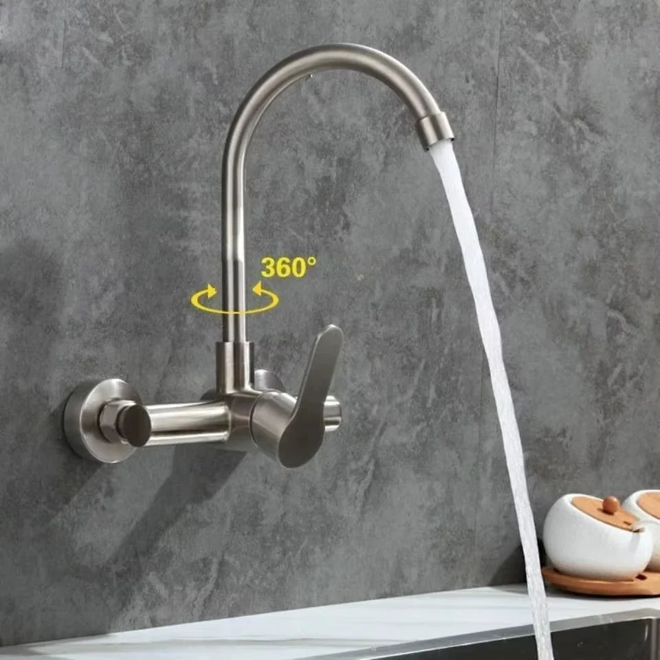 

304 Stainless Steel Wall Mount Kitchen Faucet Mixer Kitchen Sink Faucet 360 Degree Free Rotation Hose Double Hole Faucet