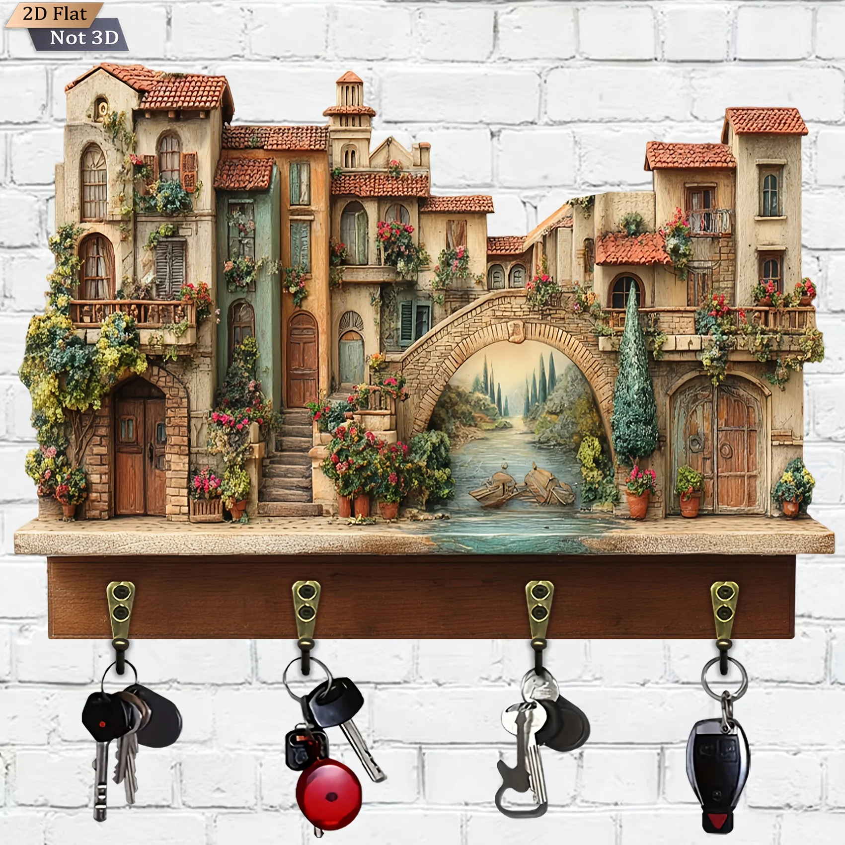 2D Flat, 1pc, Water City Bridge View Wooden Multifunctional Home Key Holder with Four Metal Hooks, Suitable for Wall Decor,