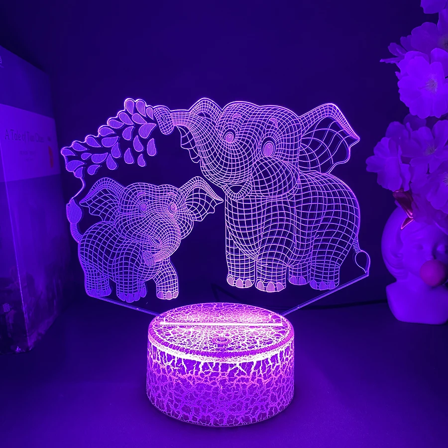 Elephant mama and baby Cute Night Light Room Decor 3D Acrylic Animal Lamp RGB Colorful Gift for Family Friends Kids Bedroom LED