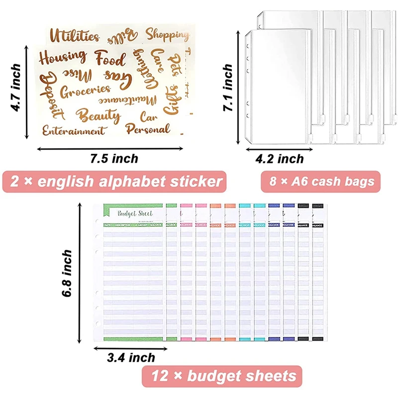 Enveloppes de trésorerie pour la budgétisation, classeur projecteur avec horizon, pocommuniste à fermeture éclair, feuilles de budget d'exroutage, autocollant de lettre Attro
