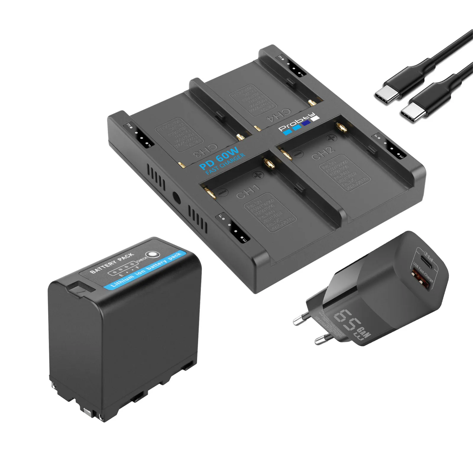 Probty 8800mAh NP-F970 vervangende batterij of 4-kanaals PD60W snellader voor NP-F550/750/770/970 fieldmonitor, videolamp