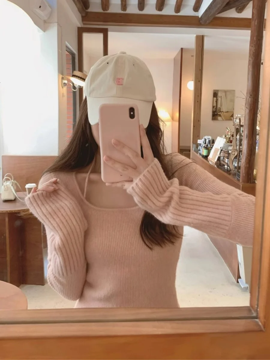 

Elegant Short Knitted Base Shirt Women's Fashion Square Collar Choker Neckline Korean Style Commute Pure Color Long Sleeve Sl...