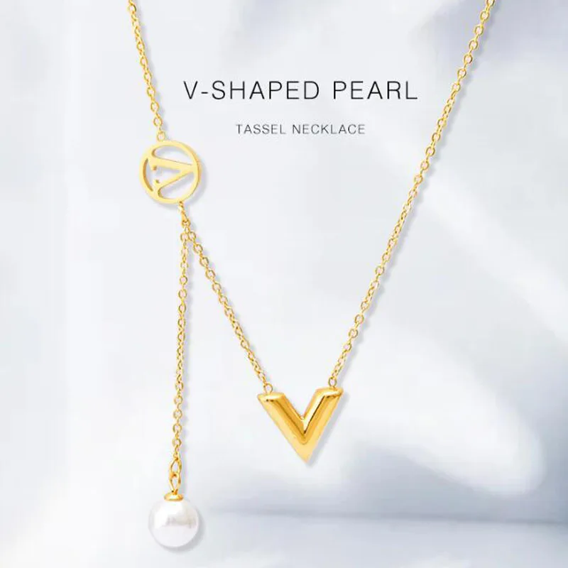 2024 Trend Stainless Steel V Letter Tassel Pearl Necklace for Women Gold Plating New Brand Party Jewelry Gift