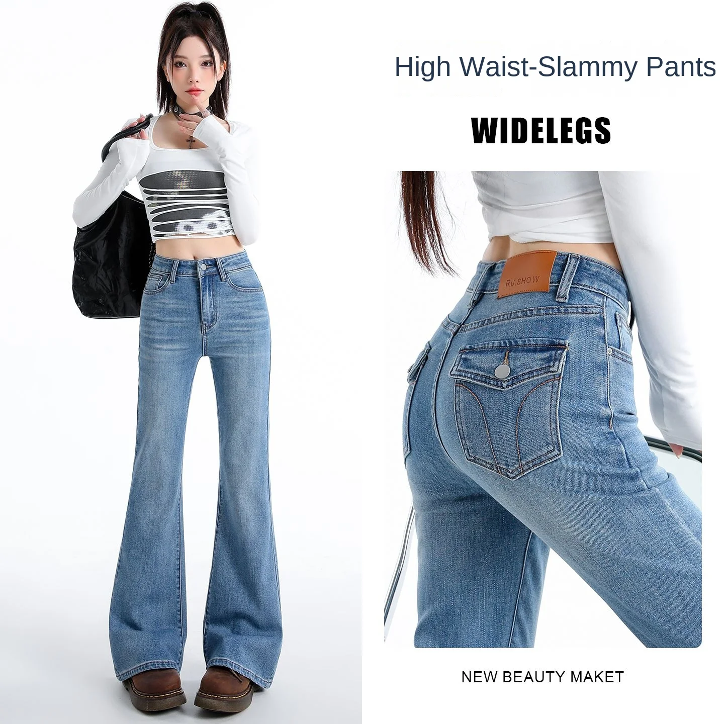 High-Waist-Schlaghose mit elastischem Bund, Slim Fit, Y2K-Stil, Damen-Jeans