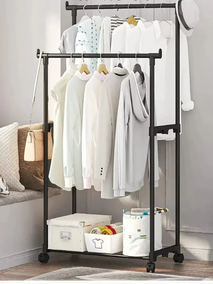 Coat Rack Movable Double Clothes Shelf Simple Rod Floor-Standing Bedroom Telescopic Floor Hangers Storage Coat Rack With wheels