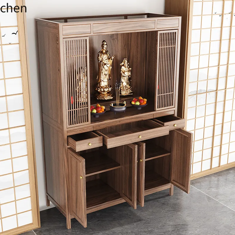 r5.21 Black Walnut Wood Altar Table Solid Wood Shrine Buddha Table Hidden Door Home Buddha Hall God of Wealth Cabinet