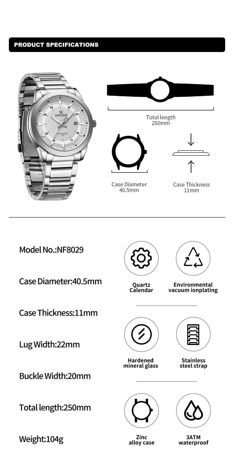 NAVIFORCE NF 8029 Watch for Men Waterproof Fashion Casual Stainless Steel Quartz Luxury Luminous Wristwatches