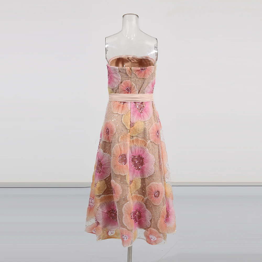 TWOTWINSTYLE Sukienki damskie w stylu colorblock, z siateczką, kwiatami, eleganckie, bez ramiączek, bez rękawów, patchworkowe, zdobione koralikami, moda damska