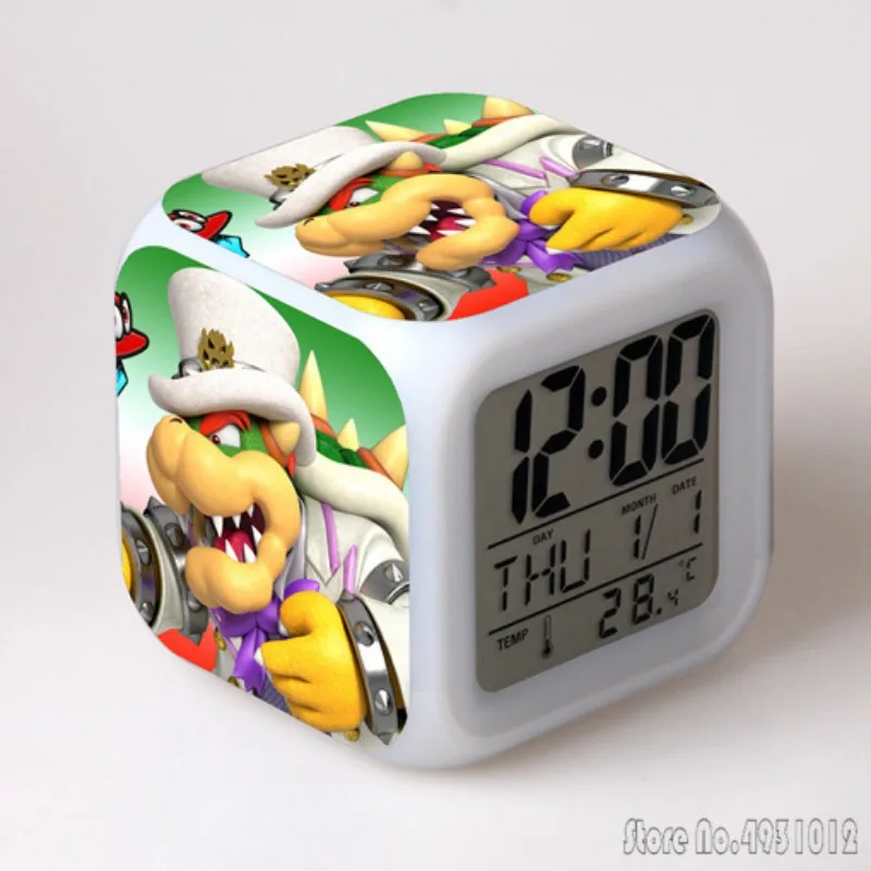 Anime Super Marie Cartoon Alarm Clock Creative Student 8x8x8cm LED Cube with Colorful Light Display Time Week Month