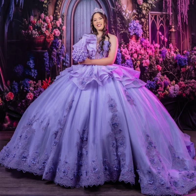 

Lavender Shiny Ball Gown Quinceanera Dresses 2026 Applique Flower Beading Crystal Corset Tull Off Shoulder Sweet 16 Dress Vestid