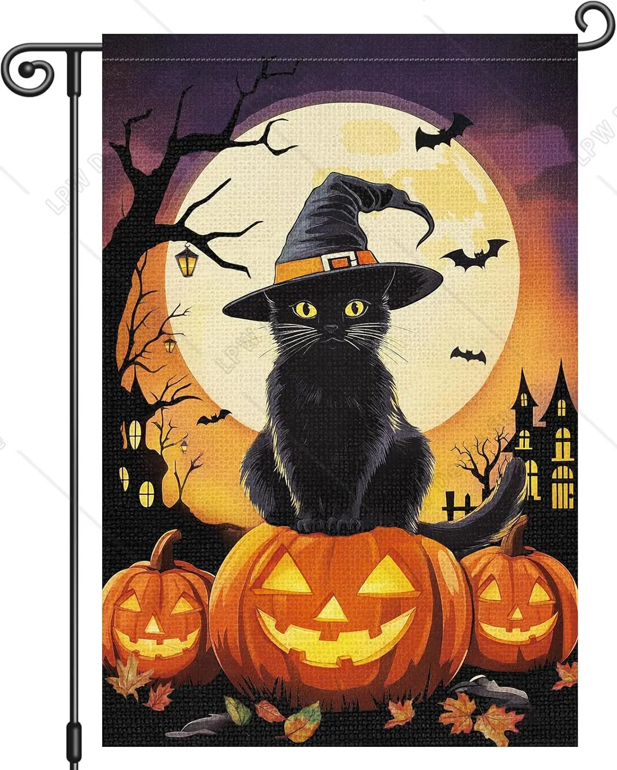 Halloween Garden Flag Black Cat Witch Hat Pumpkin 12x18 Inch Double Sided Boo Moon Holiday Seasonal Fall Autum