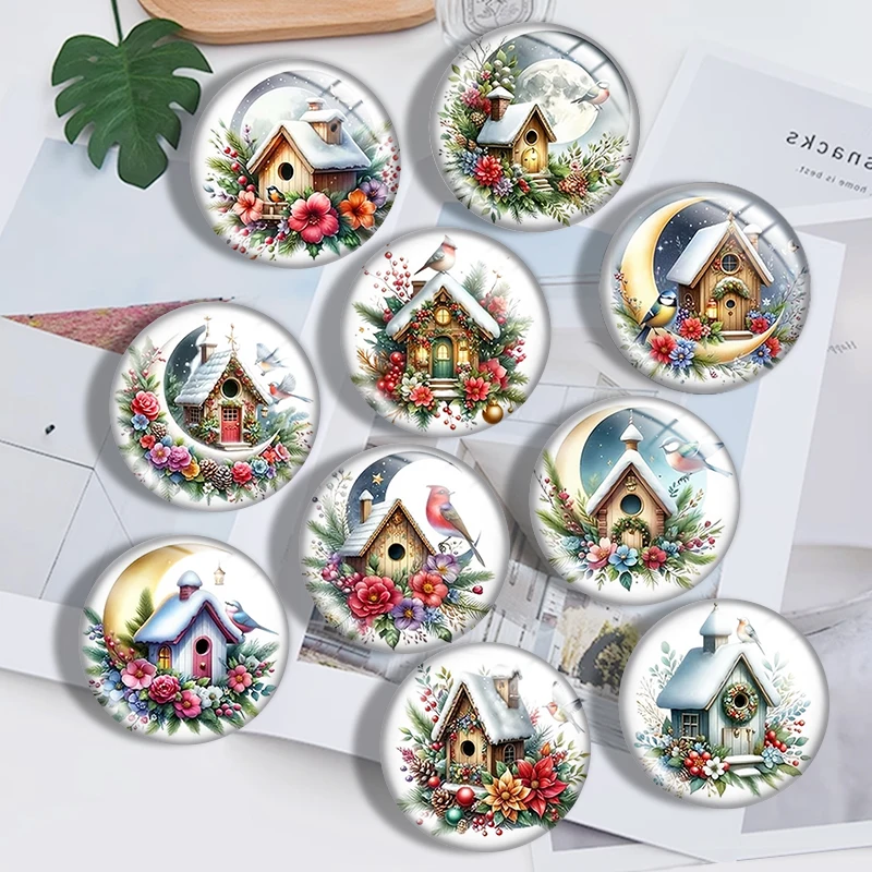Christmas Bird House  10pcs 12mm14mm/16mm/18mm/20mm/25mm Round Photo Glass Cabochon Demo Flat Back Making Findings Jewelry