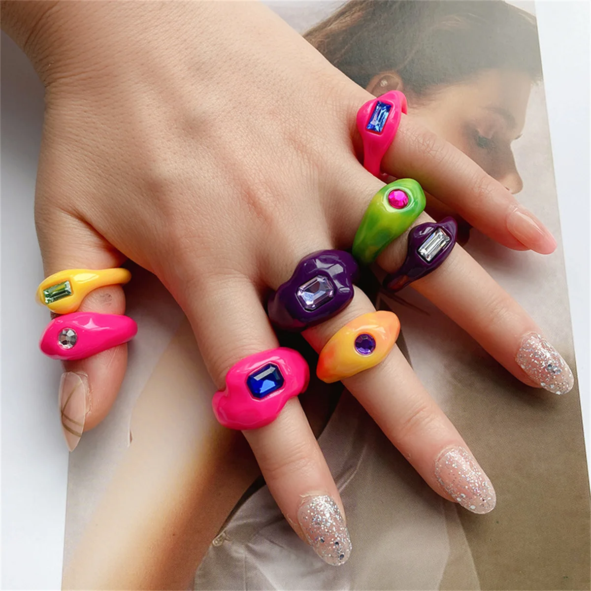 Punk esthétique bonbons résine acrylique imité cristal géométrique rond anneau ouvert mode anneaux irréguliers pour femmes hommes bijoux