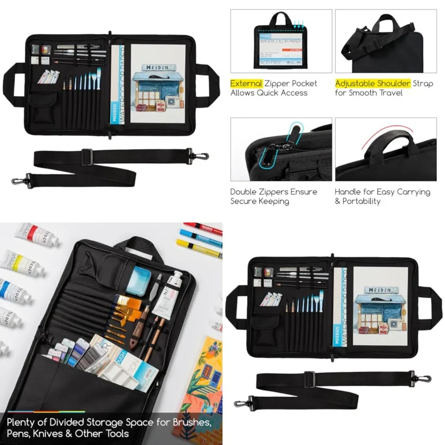 Bolsa de bocetos MEEDEN: estuche portátil para billetera de bocetos de artista para 9 x 12 almohadillas de acuarela para cuaderno de bocetos, bolsa de viaje artística con cremallera para Br