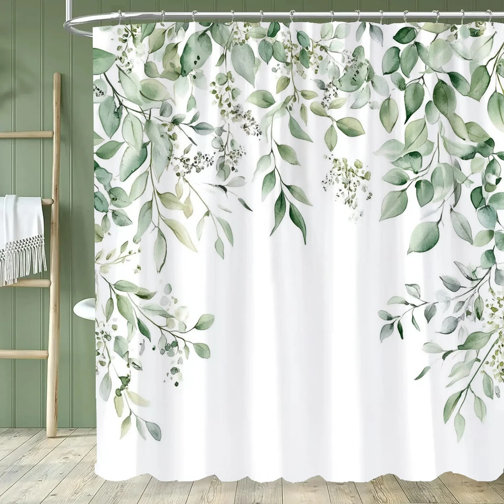 1pc Plant leaves Shower Curtain Fresh Plants and Flowers Bathroom Contain Decoration Printed Polyester Fabric Contains 12 Hooks