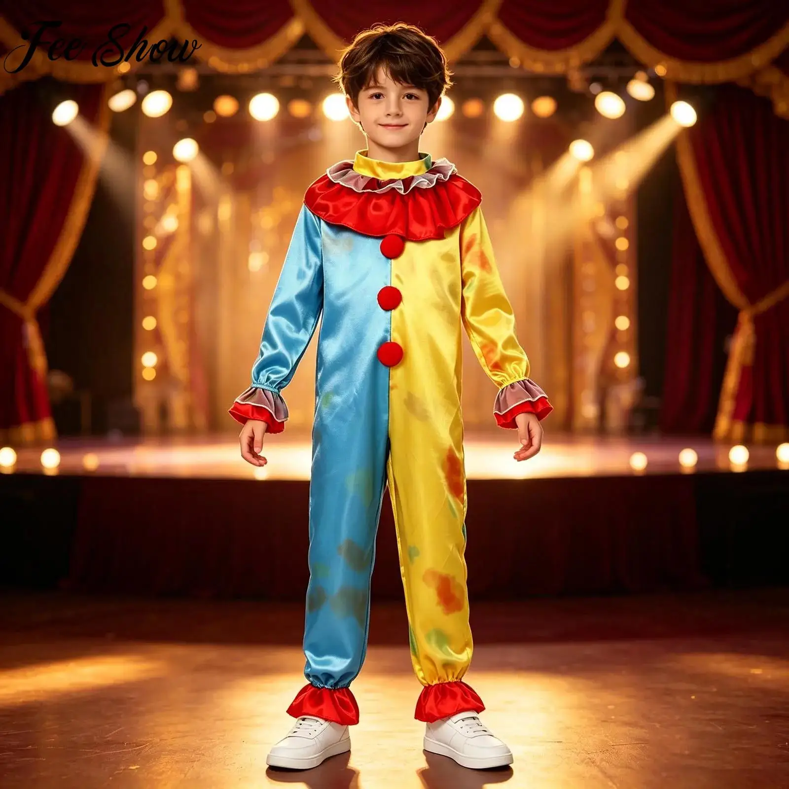 Kid Boys Halloween Clown Jumpsuit Dress-up Party Ruffled Collar Long Sleeve Zipper Jester Bodysuit Rompers for Stage Performance
