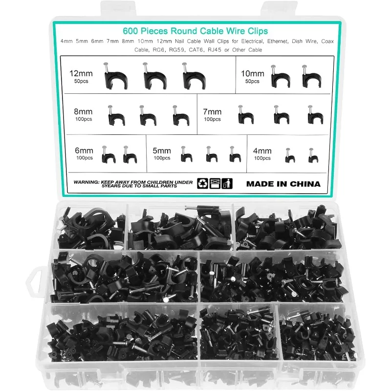 600PCS Black Cable Clips Set Steel Nail Cable Clips Tacks for Cable Fixing Organizer 4mm 5mm 6mm 7mm 8mm 10mm 12mm DIY Tools Kit