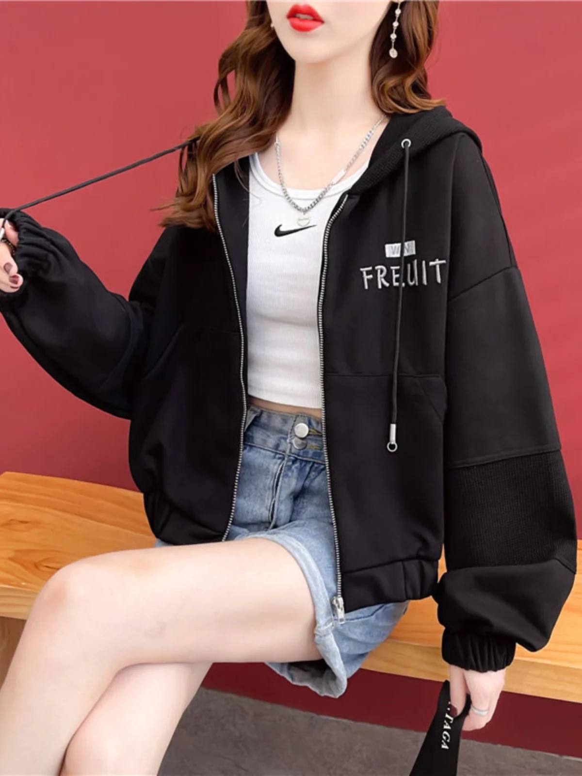 Women's Thin Zipper Hoodie Short Outerwear Top Letter Design Autumn Winter Fashion Casual Loose Fit Long Sleeve Sweatshirt
