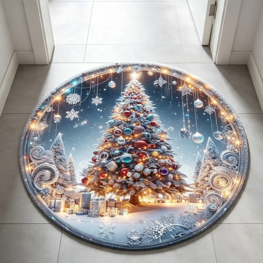 Glowing Christmas Tree Round Area Rug Snowflake Circular Floor Mat Fairy Light Winter Carpet for Front Door Sunroom