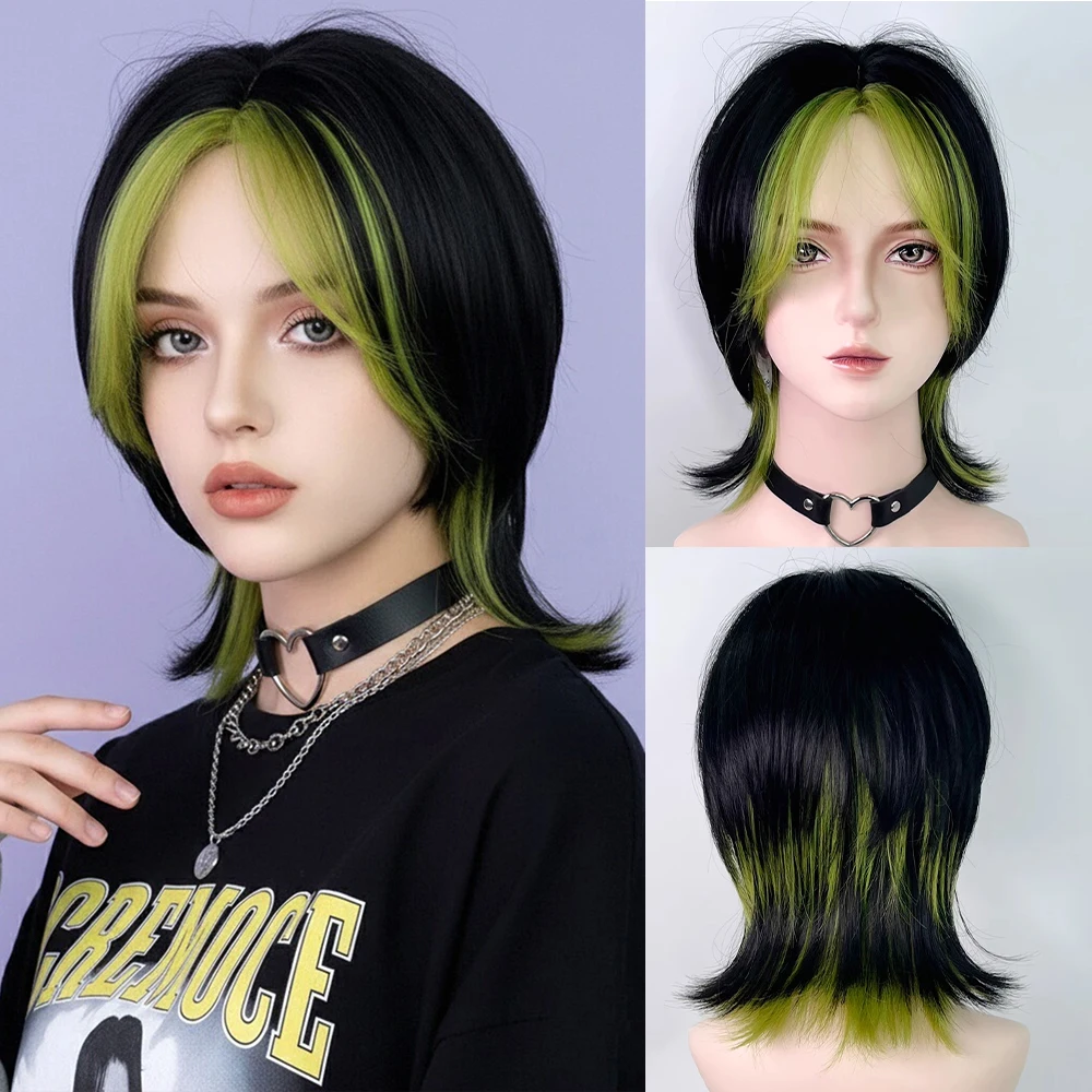 

Синтетический короткий черный смешанный зеленый парик с челкой для женщин и мужчин, повседневный косплей, аниме-вечеринка, реалистичные искусственные волосы
