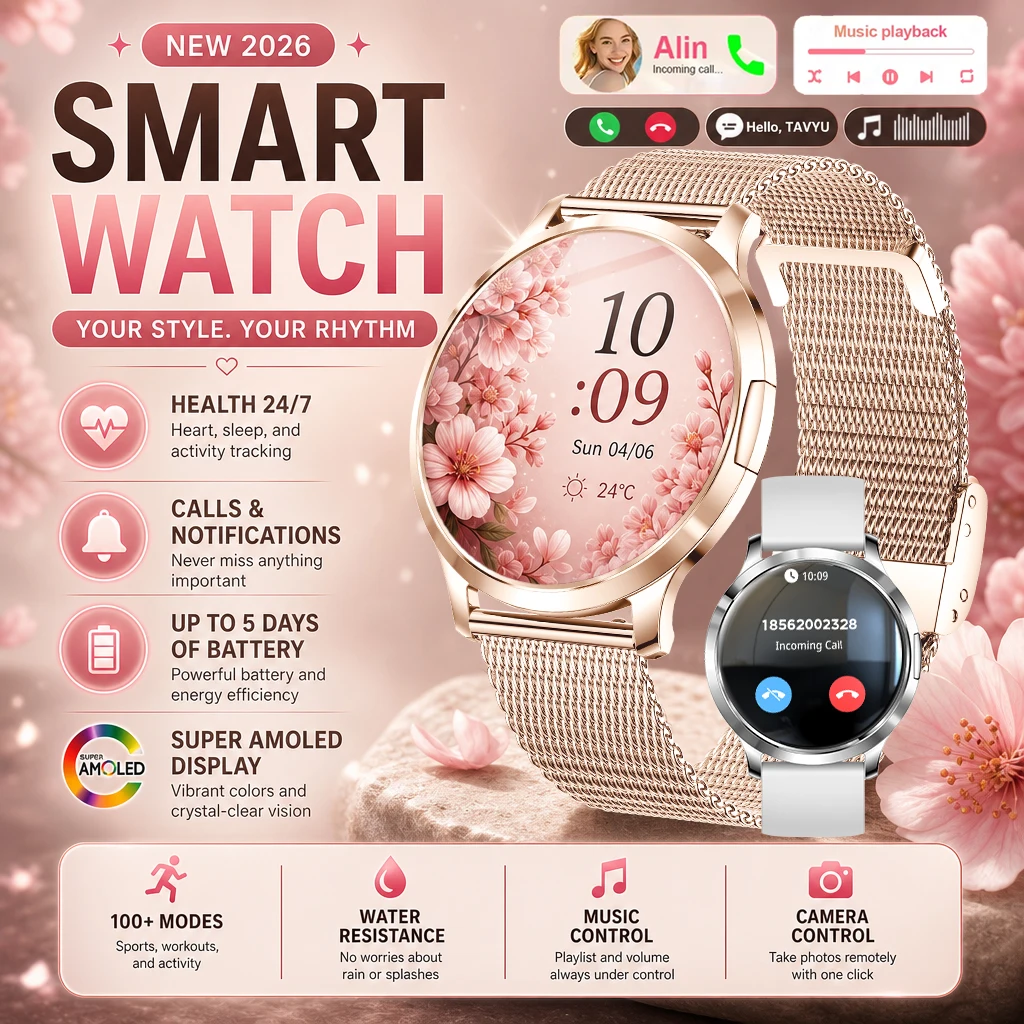 2026 New Stylish Women Smart Watch AMOLED Screen HD Bluetooth call Health Monitor Sleep Tracker Waterproof For Lady Smart watch