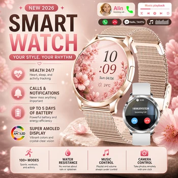 Stylowy damski smartwatch 2026 z ekranem AMOLED HD, funkcją połączeń Bluetooth, monitorowaniem zdrowia, śledzeniem snu, wodoodporny, dla kobiet.