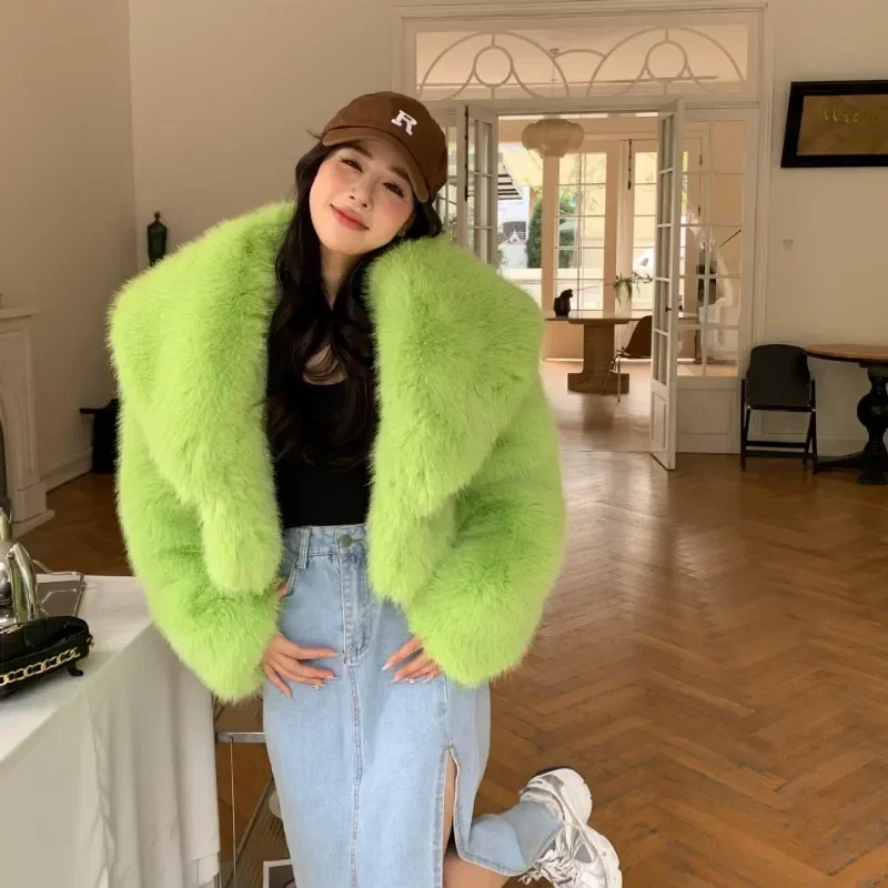 Casual Autumn Winter Women's Coats Faux Fur Thick Warm Explosion Street Fluorescent Green Eco Friendly Fox HairWomen's Clothing