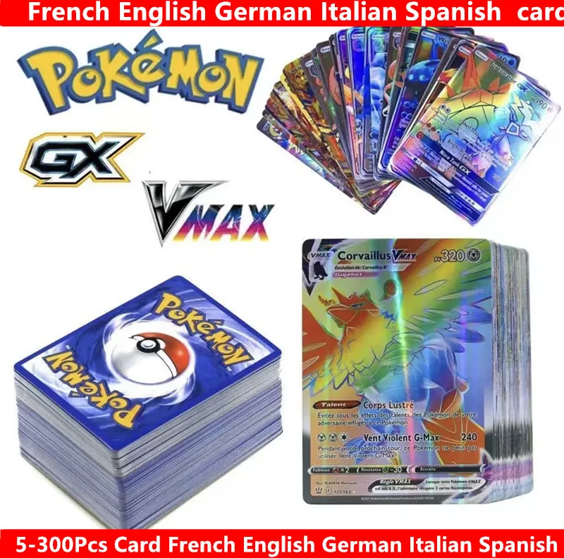 5-300 cartes Pokémon en français, anglais, allemand, italien, espagnol, cartes 200 Gx VMAX 100, cartes karty, cartes karten, cartes cadeaux