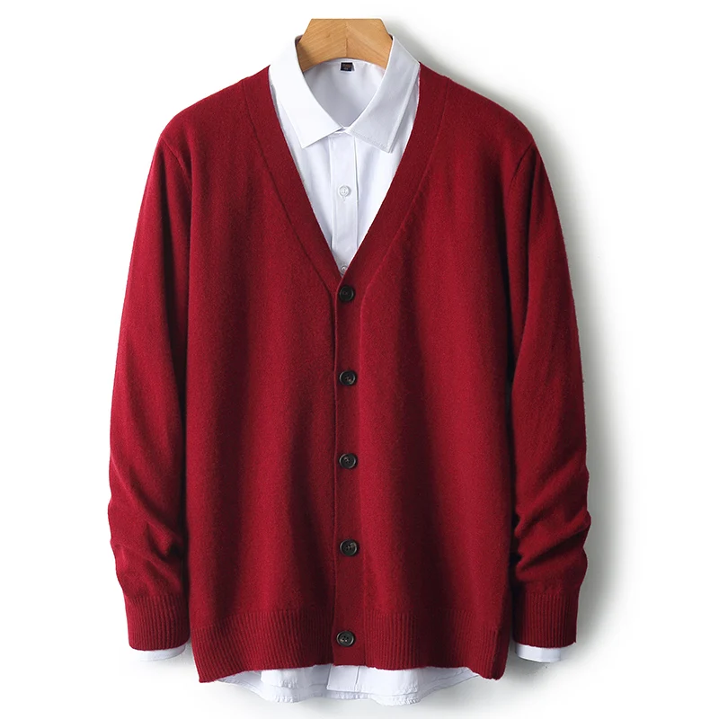 Autumn And Winter Business Casual Coat Knitted Bottoming Shirt 100% Wool Cardigan Men's V-neck Solid Color Sweater