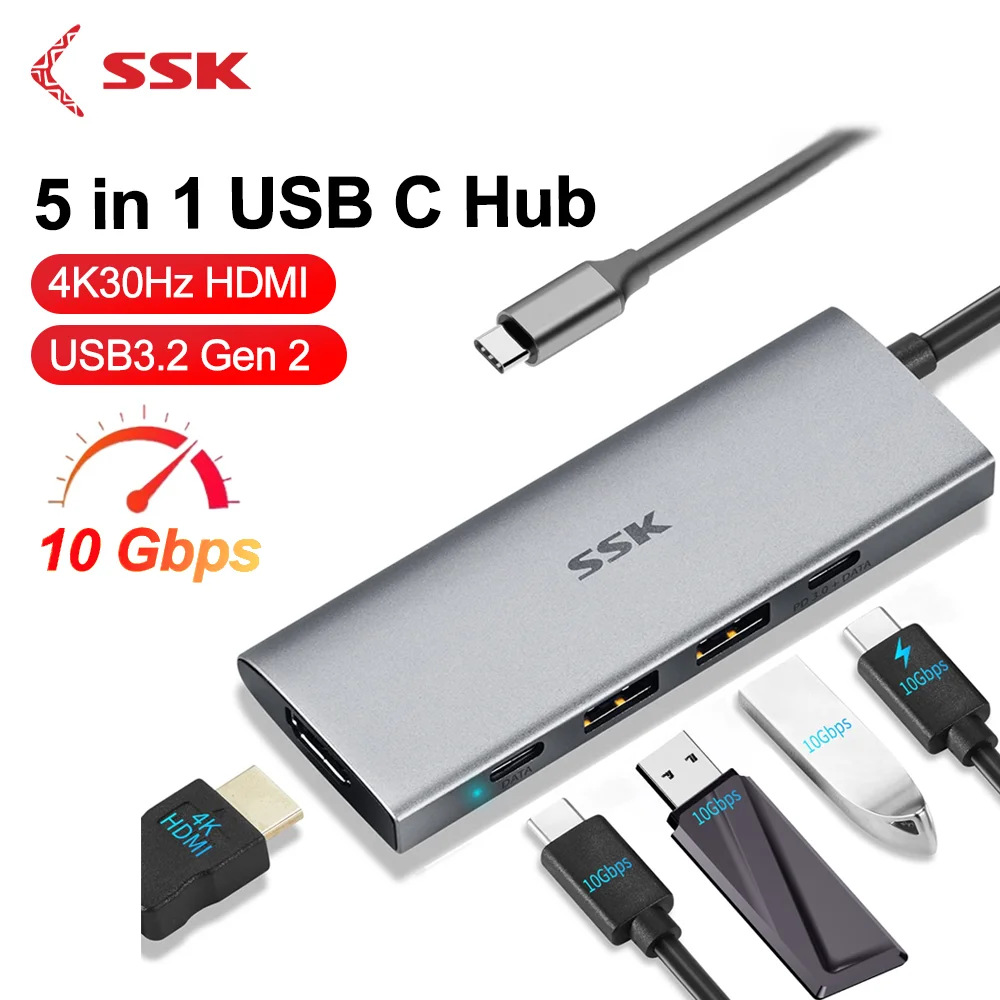 

SSK 10Gbps USB C Hub 5 in 1 4K HDMI USB HUB 100W Multiport Adapter For Xiaomi Lenovo Macbook Pro 13 15 Air Pro PC Computer