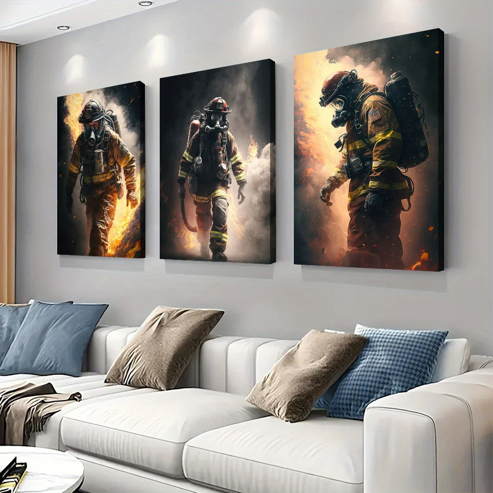 3-Piece Firefighter Hero Canvas Decoration Painting - Brave Firefighter Fire Rescue Dynamic Scene Flame Smoke Art Hanging Painti