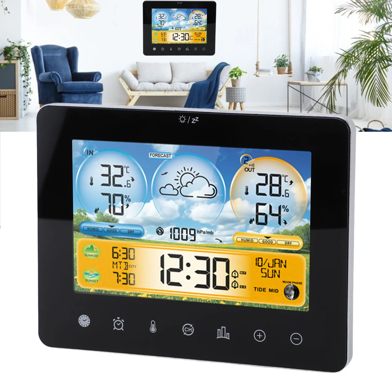 Weather Forecast Station Weather Forecast Station Wireless Indoor Outdoor Touch Digital Time RF Sensing Hygrograph with Clock