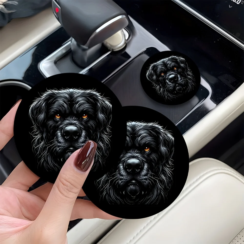 2pcs Black Dog Gazing With Orange Eyes Like A Torch Themed Printed Pattern Car Coasters - Durable Non-Slip Car Cup Holder Mats W