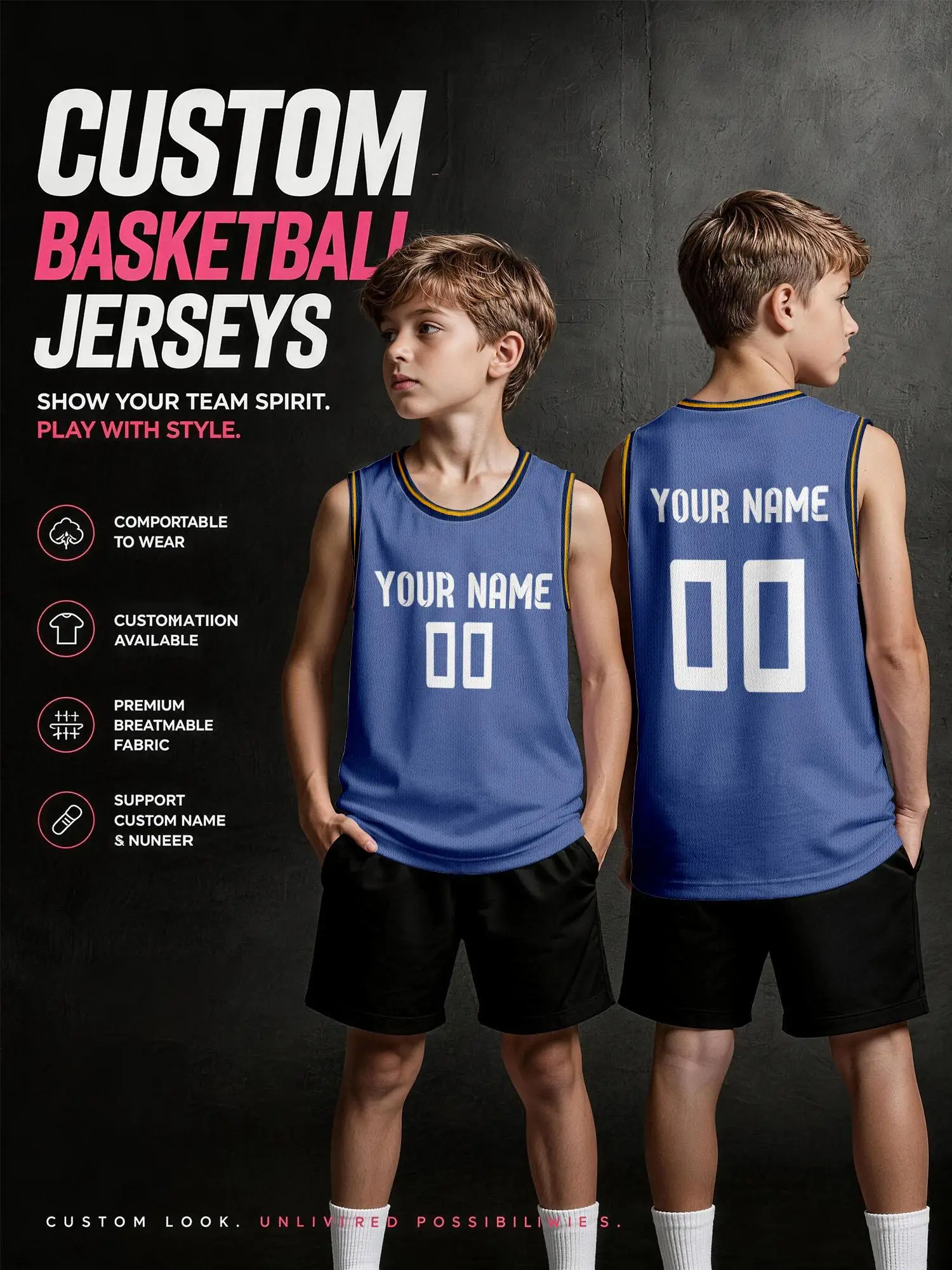 Customized navy blue basketball vest, breathable mesh jersey for adults and children, customizable name and number