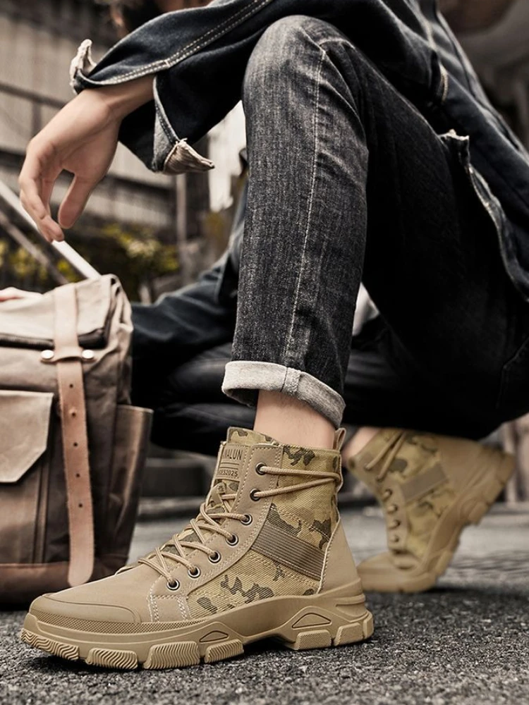 

Винтажные высокие мужские туфли большого размера, осенние новые классические противоскользящие спортивные повседневные рабочие парусиновые ботинки на шнуровке, легкие