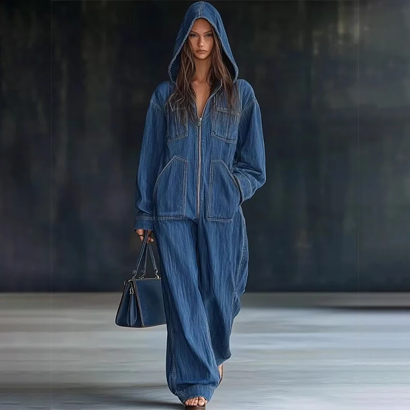 

Women Zipper Solid Wide Leg Jumpsuits Autumn Hoodies Long Sleeve Pocket Playsuits Overalls Lady Loose Casual Commute Rompers