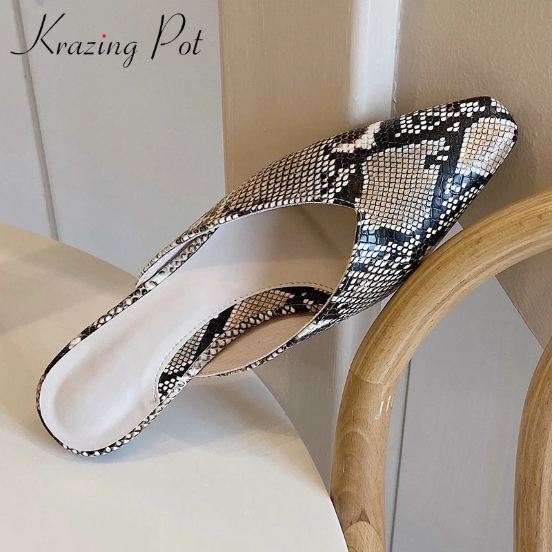 Krazing Pot Genuine Leather Leisure Square Toe Chunky Heels Slip On Slingback Mules Sexy Dating Cozy Sweet Print Pumps For Women