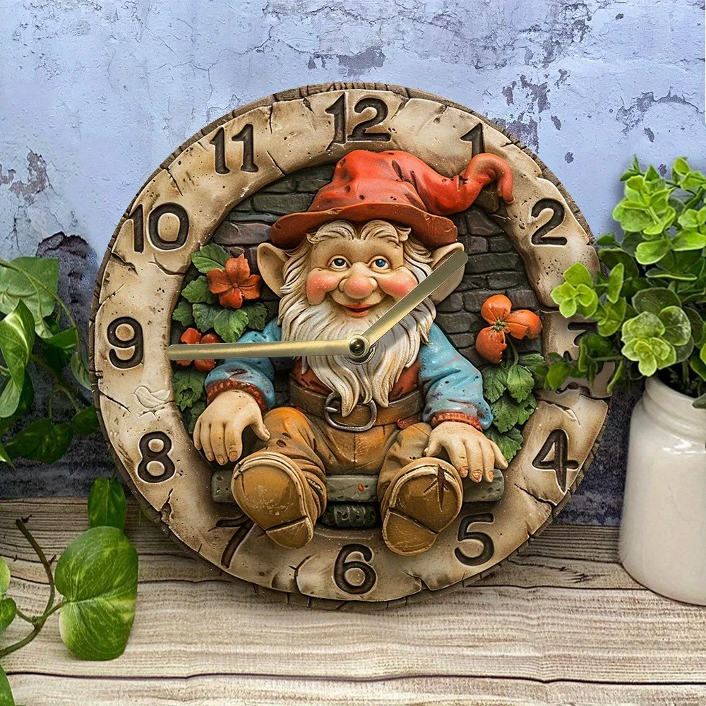 Wooden Wall Clock with Charming Gnome Design. Ideal for Home & Garden Decor. Takes AA Batteries.