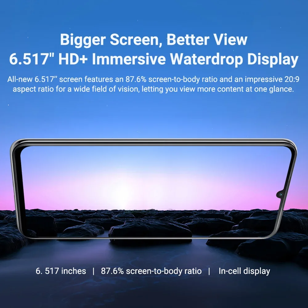 Blackview A70 Smartphone 6.51 Inch HD+ 3GB+32GB SC9863A Octa Core 5380mAh Android 11.0 13MP Face ID Fingerprint 4G Mobile Phone